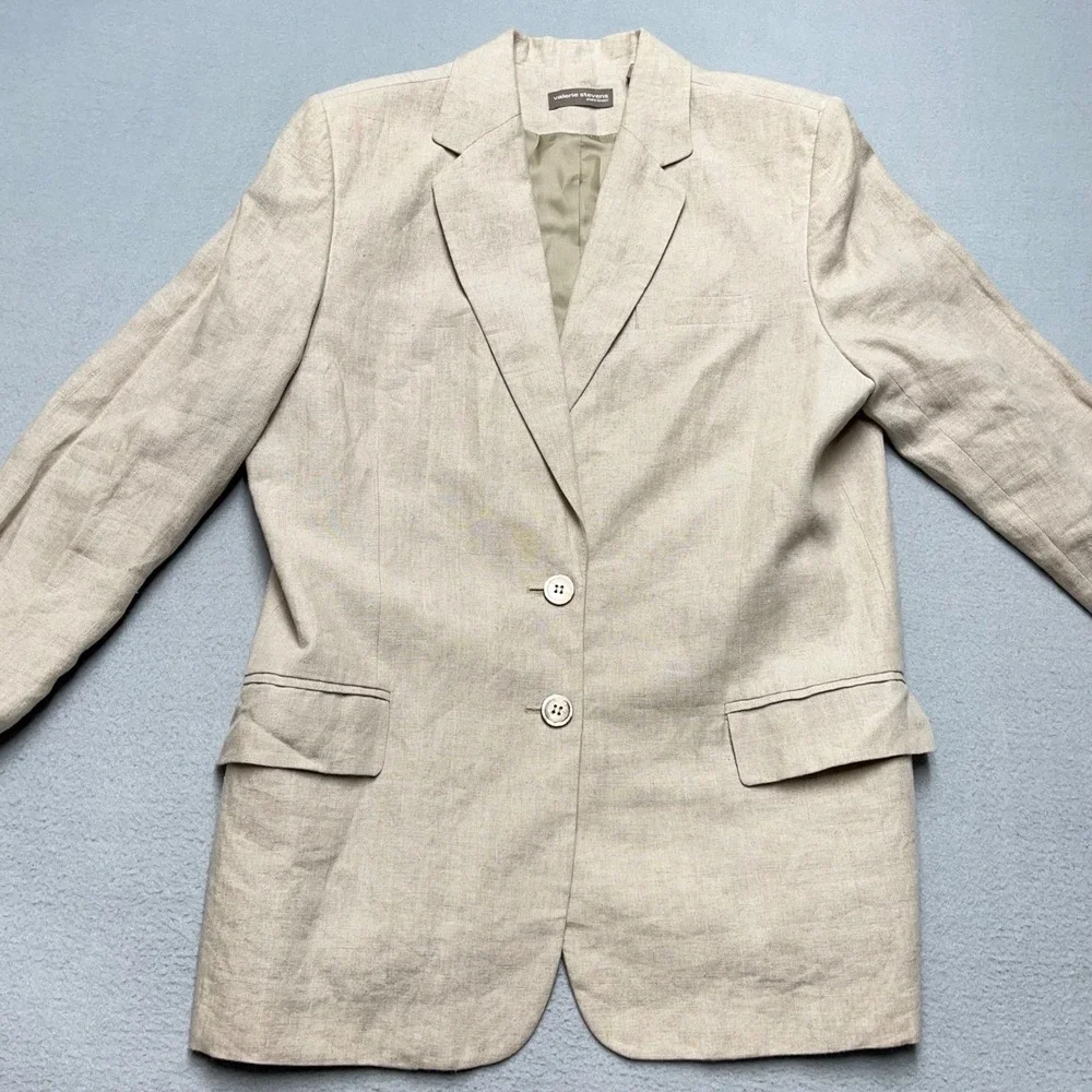 Valerie‎ Stevens Blazer Pure Linen Beige Oatmeal Two Button Suit Jacket coat